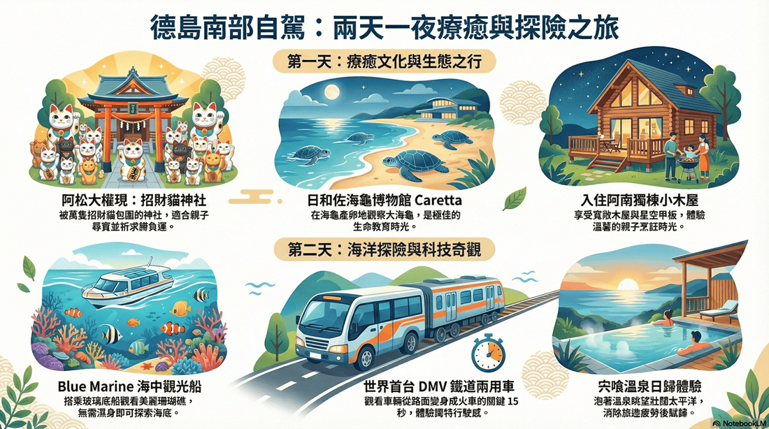 德島南部自駕親子共遊┃世界唯一鐵公路DMV、海龜博物館 阿松招財貓神社 海中觀光船賞魚珊瑚 住小木屋 海景溫泉飯店 德島自由行